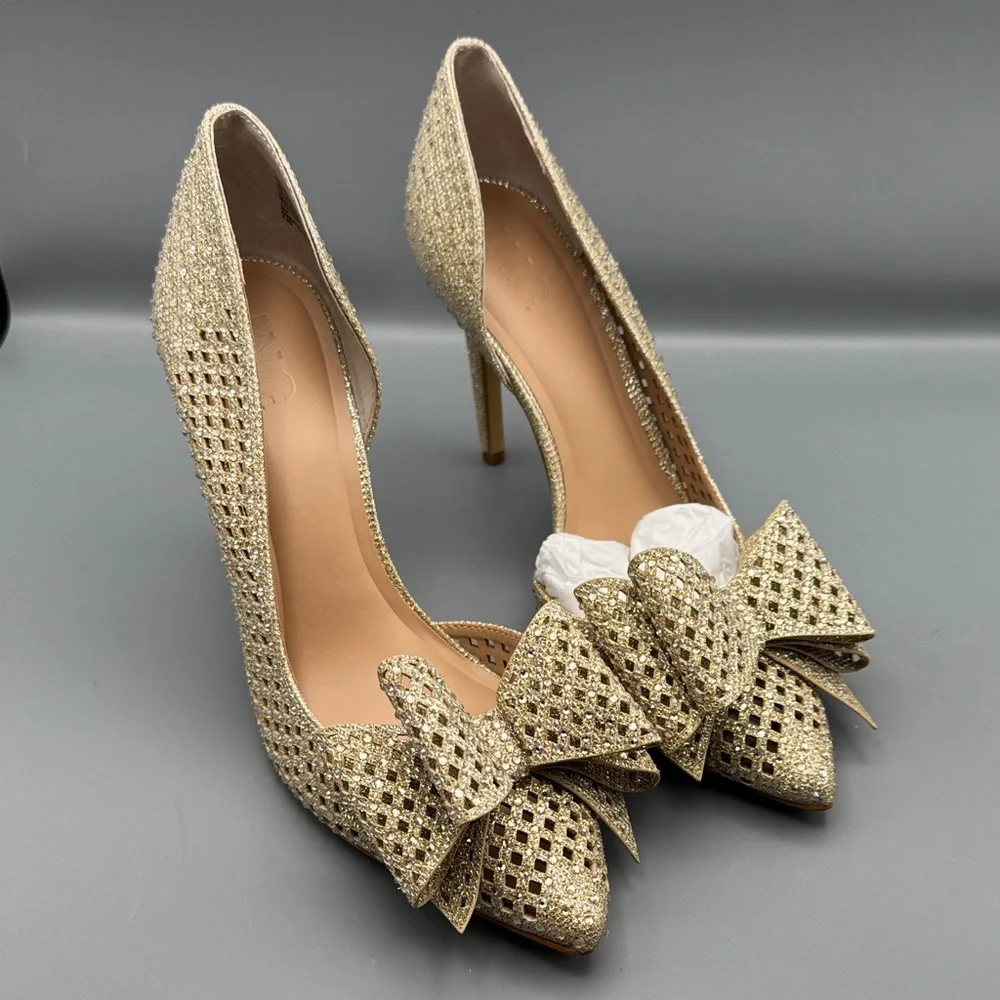 INC International Concepts Gold Glitter Pointed Bow Stiletto Pumps